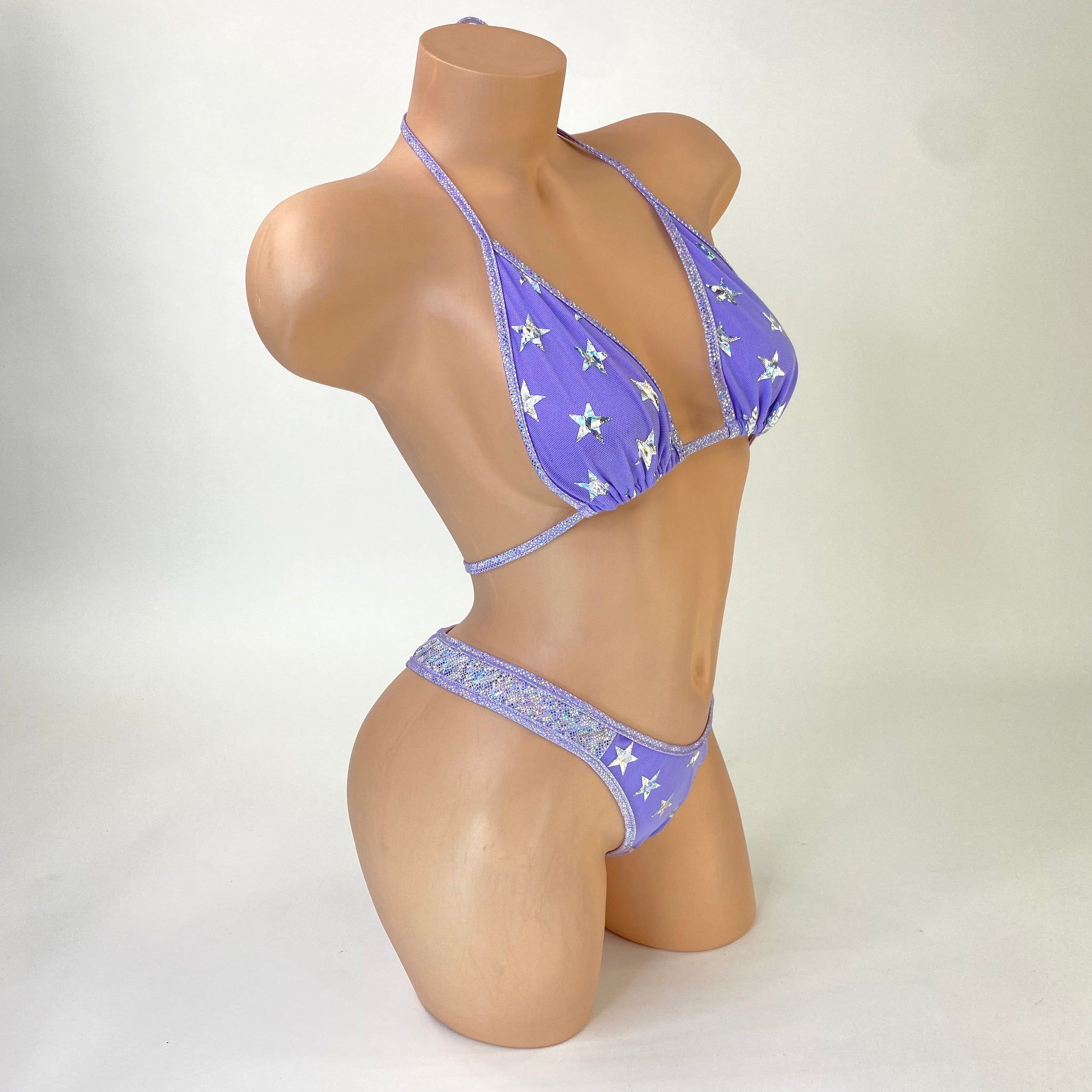 Stardust lilac mesh set cheeky bottoms, side view — Golddiggers Boutique exotic dancewear