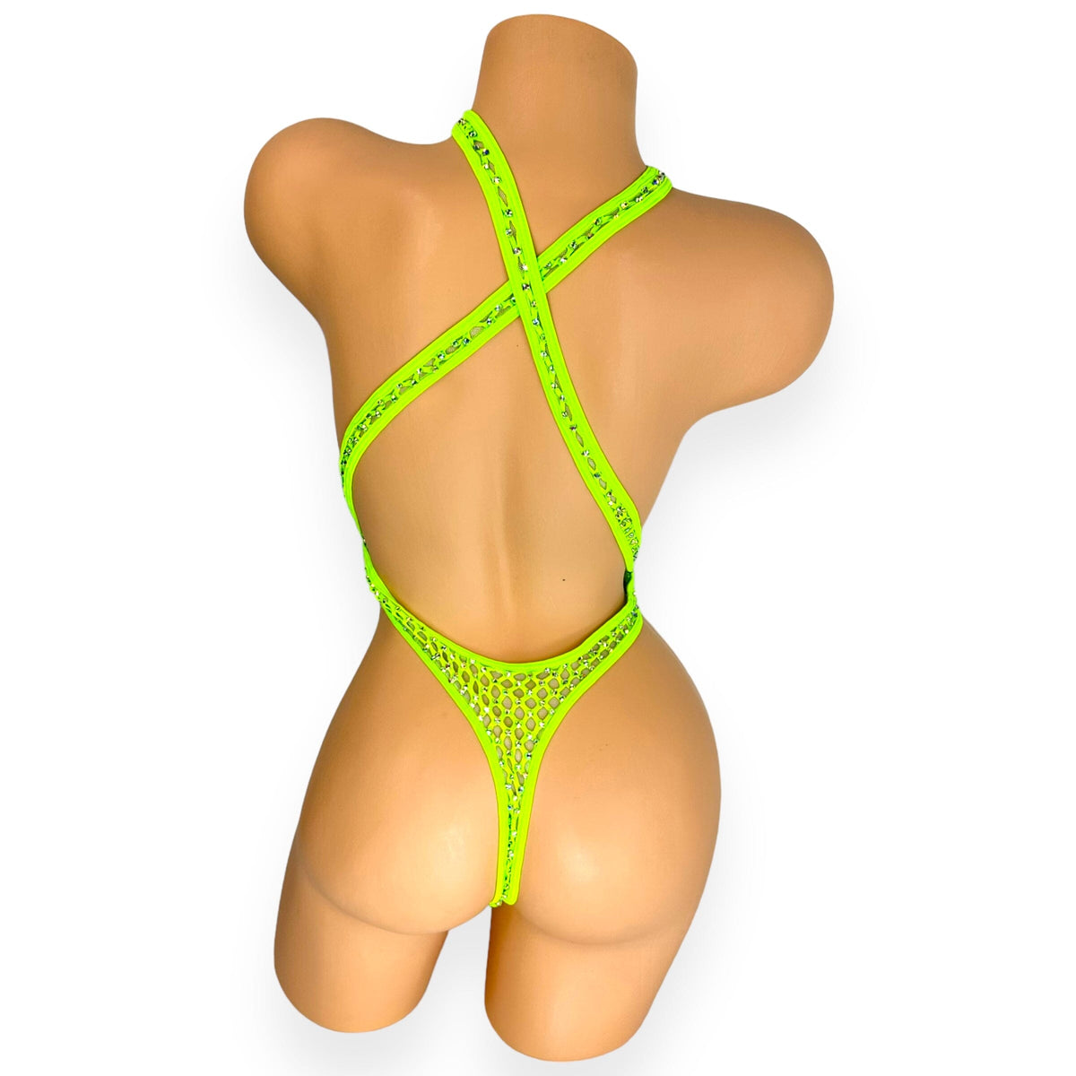 Lime green Ann criss-cross bodysuit, back view showing crossed straps and thong back - Golddiggers Boutique