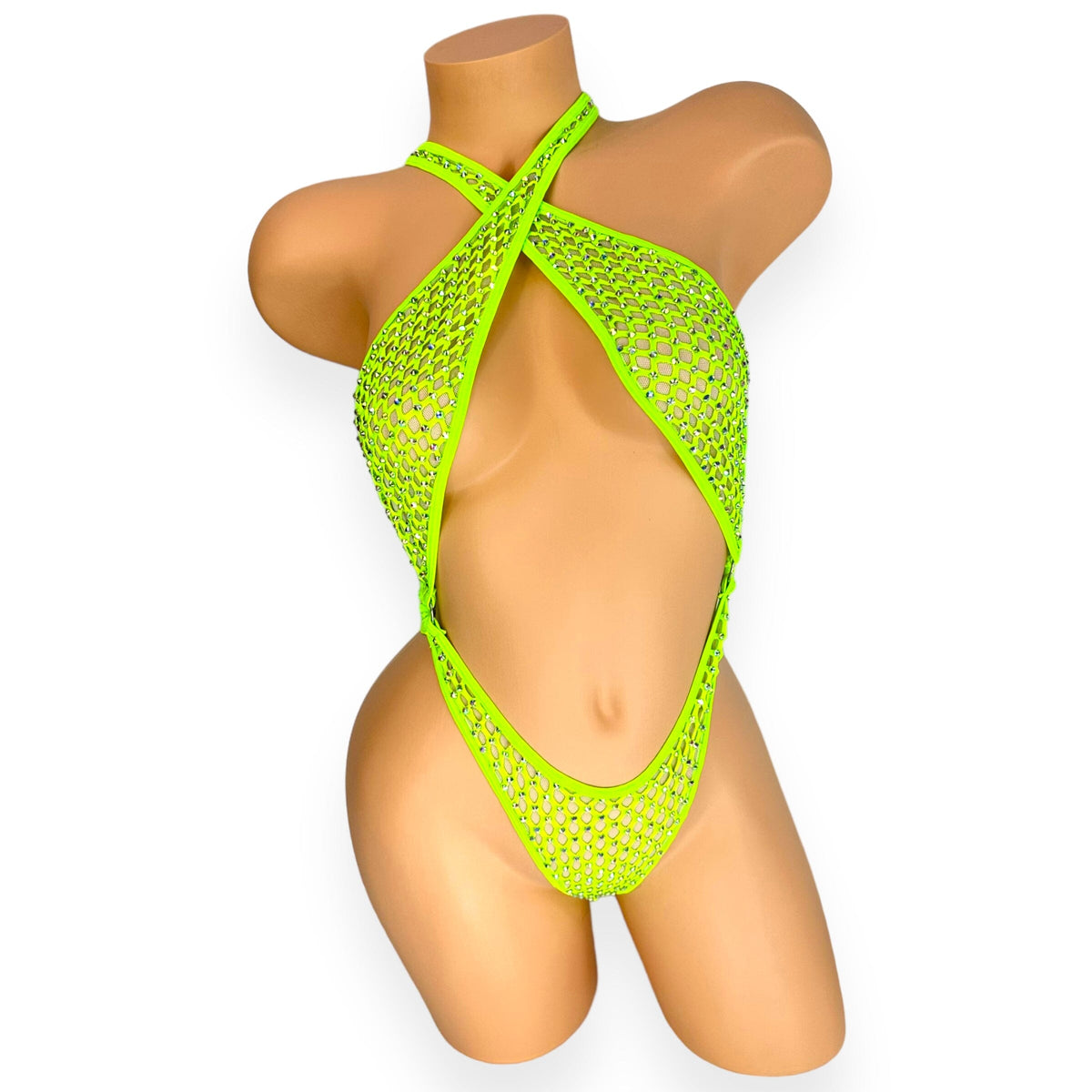 Lime green Ann rhinestone cabaret net criss-cross bodysuit, front view on white - Golddiggers Boutique