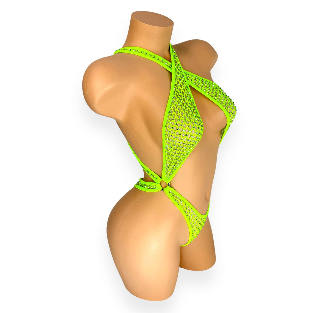 Lime green Ann criss-cross bodysuit, side view showing o-ring hip detail - Golddiggers Boutique
