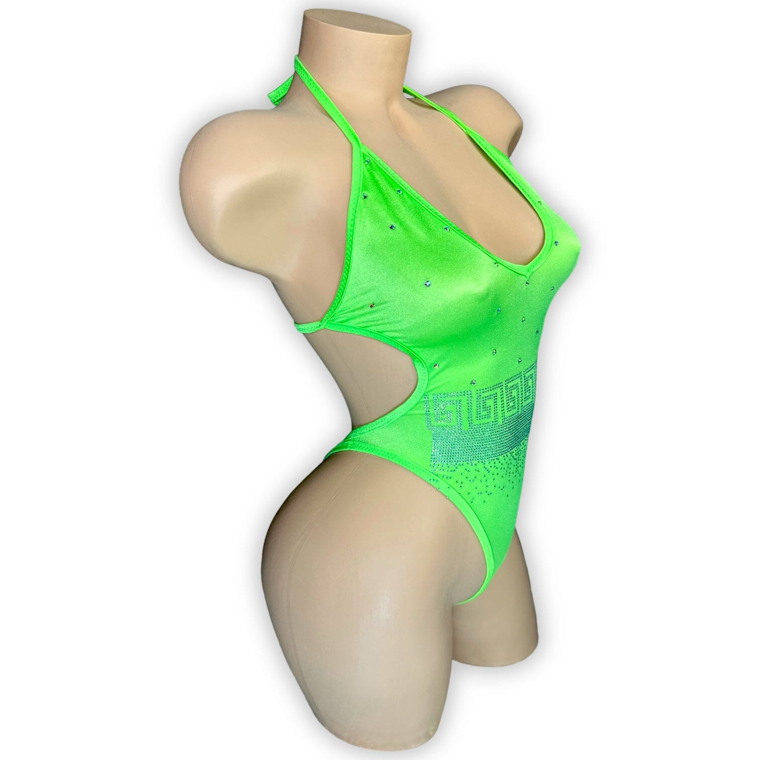 Kendall lime green rhinestone bodysuit close-up of square swirl applique detail — Golddiggers Boutique exotic dancewear