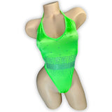 Kendall lime green rhinestone bodysuit side view showing full spandex construction — Golddiggers Boutique exotic dancewear