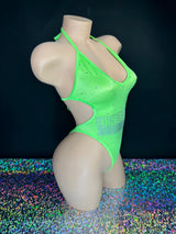 Kendall lime green rhinestone bodysuit full front view with thong back styling — Golddiggers Boutique exotic dancewear