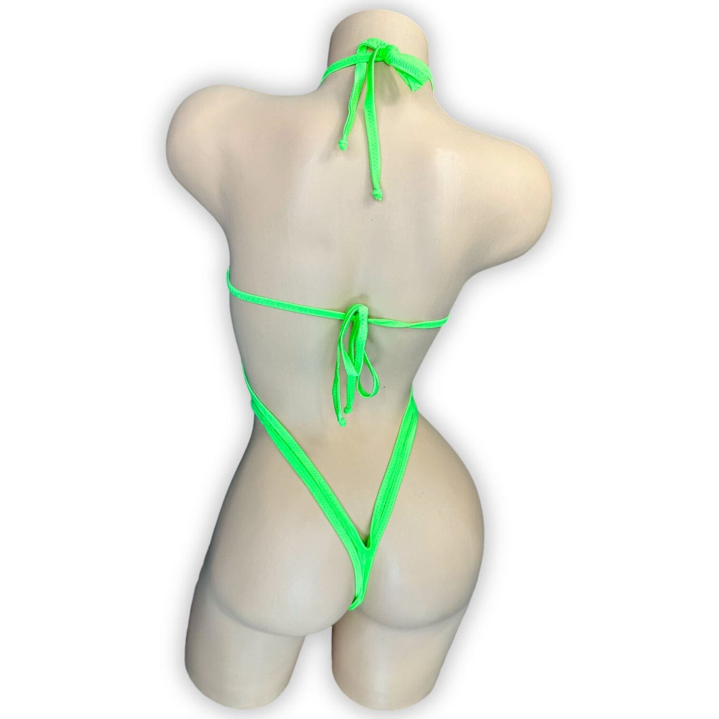 Kendall lime green rhinestone bodysuit back view showing thong back design — Golddiggers Boutique exotic dancewear