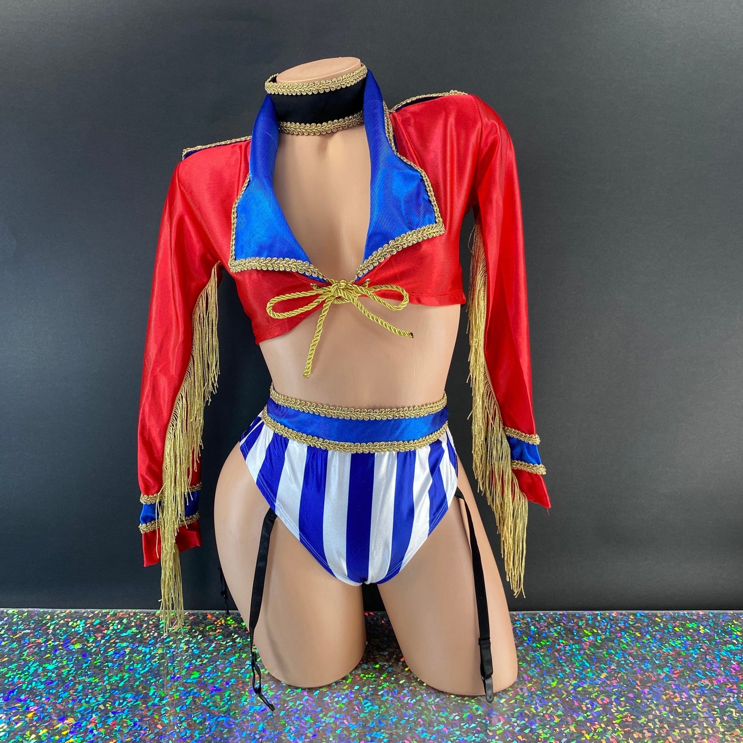 Ringmaster tie-front crop top and choker detail, close-up — Golddiggers Boutique exotic dancewear
