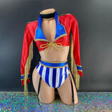 Ringmaster tie-front crop top and choker detail, close-up — Golddiggers Boutique exotic dancewear