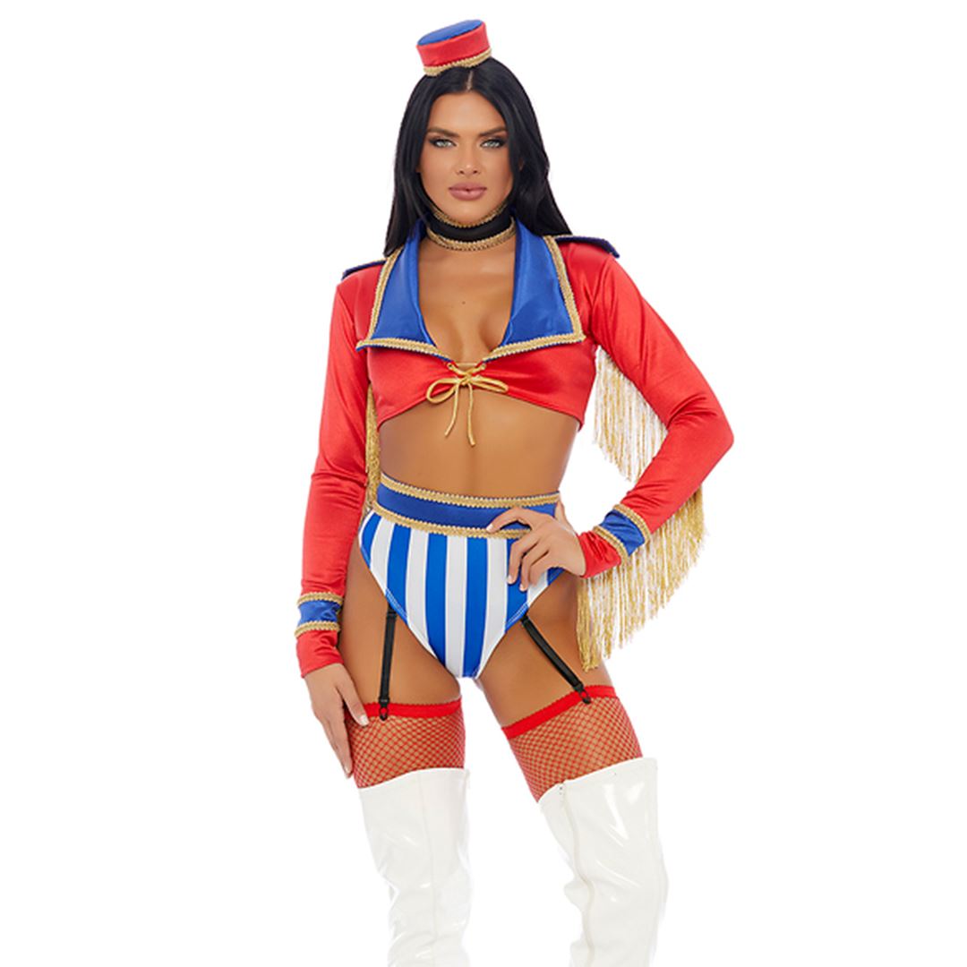Ringmaster striped costume set with booty shorts and choker, front view — Golddiggers Boutique exotic dancewear