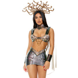 Medusa snake print costume set with bra, skirt, and accessories, front view