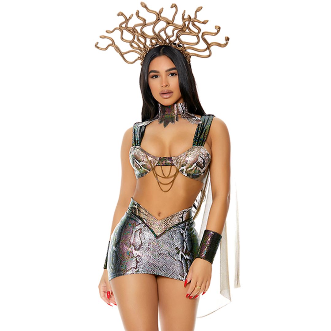 Medusa snake print costume set with bra, skirt, and accessories, front view