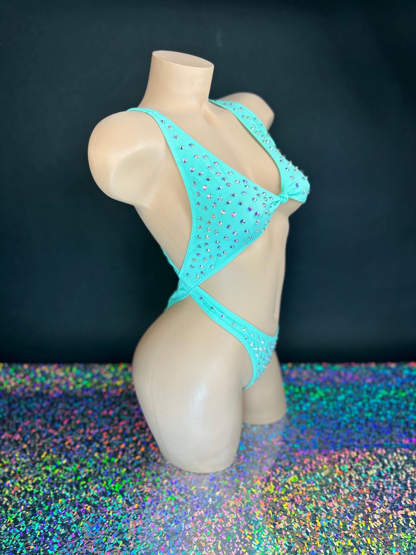 Ashley mint rhinestoned bodysuit rhinestone pattern detail, flat lay — Golddiggers Boutique exotic dancewear