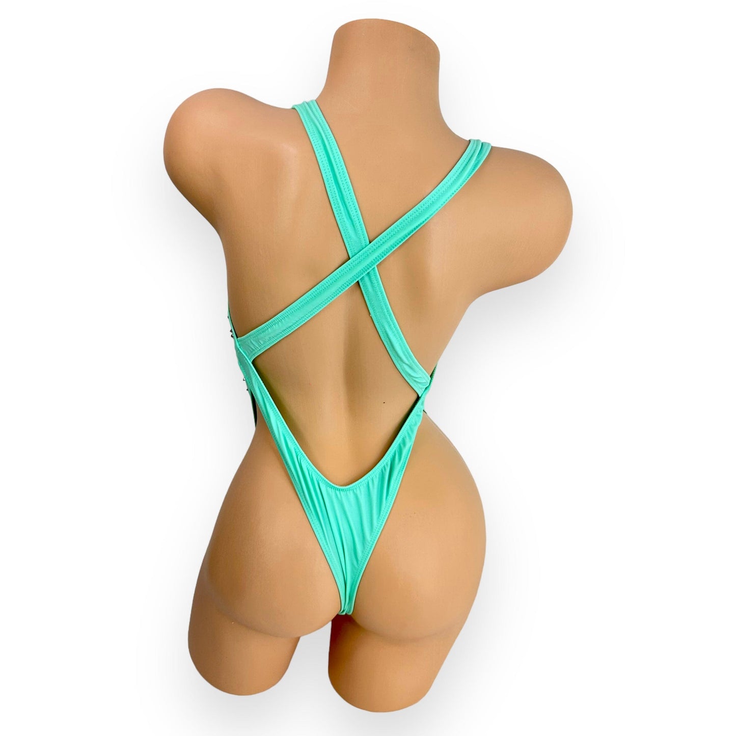 Ashley mint rhinestoned bodysuit showing thong back design, back view — Golddiggers Boutique exotic dancewear