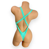 Ashley mint rhinestoned bodysuit showing thong back design, back view — Golddiggers Boutique exotic dancewear