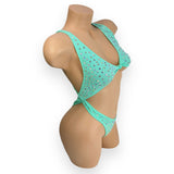 Ashley mint rhinestoned bodysuit high-cut leg openings, side view — Golddiggers Boutique exotic dancewear