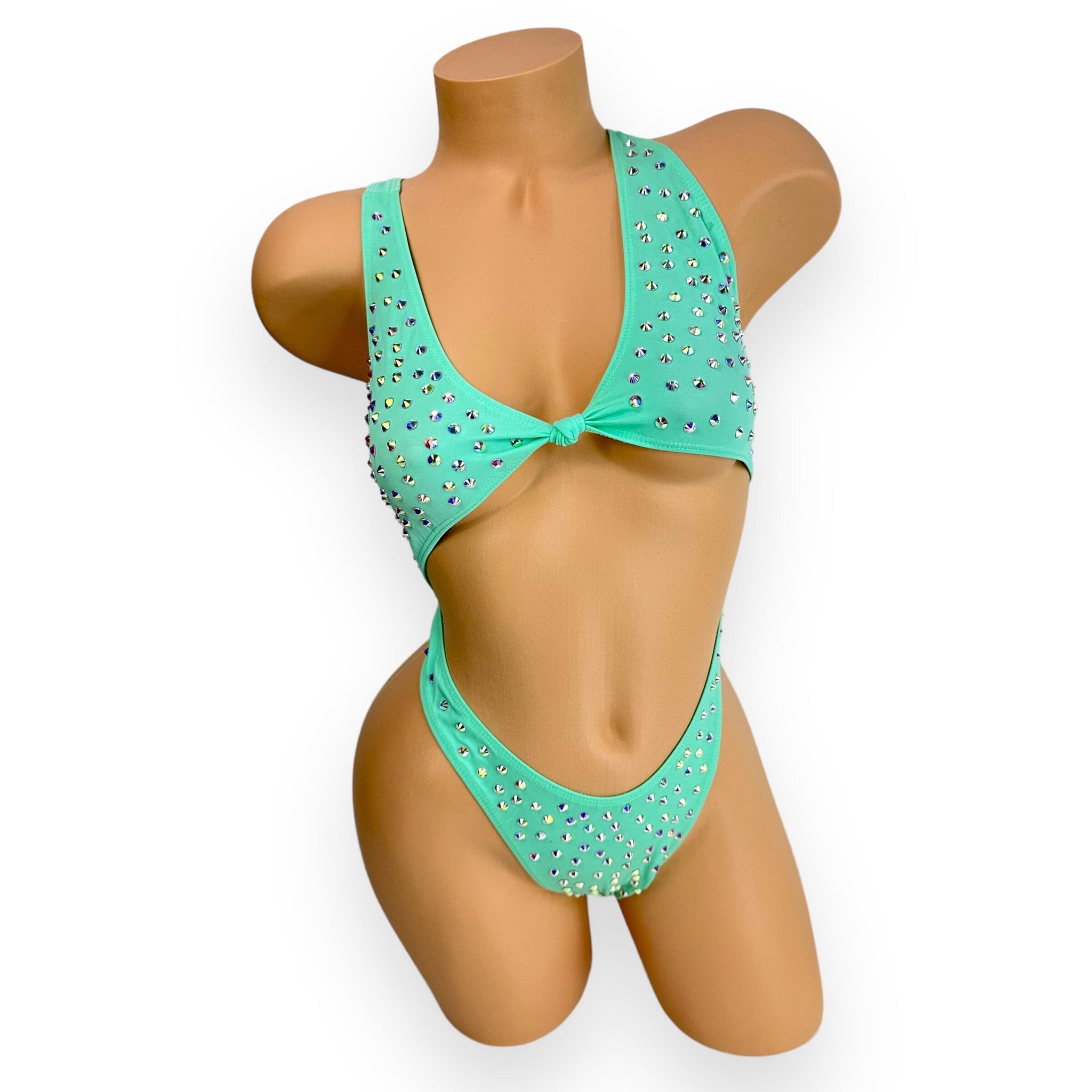 Ashley mint rhinestoned bodysuit crystal detail, close-up view — Golddiggers Boutique exotic dancewear