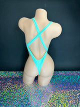 Ashley mint rhinestoned bodysuit stretchy fabric fit, side angle — Golddiggers Boutique exotic dancewear