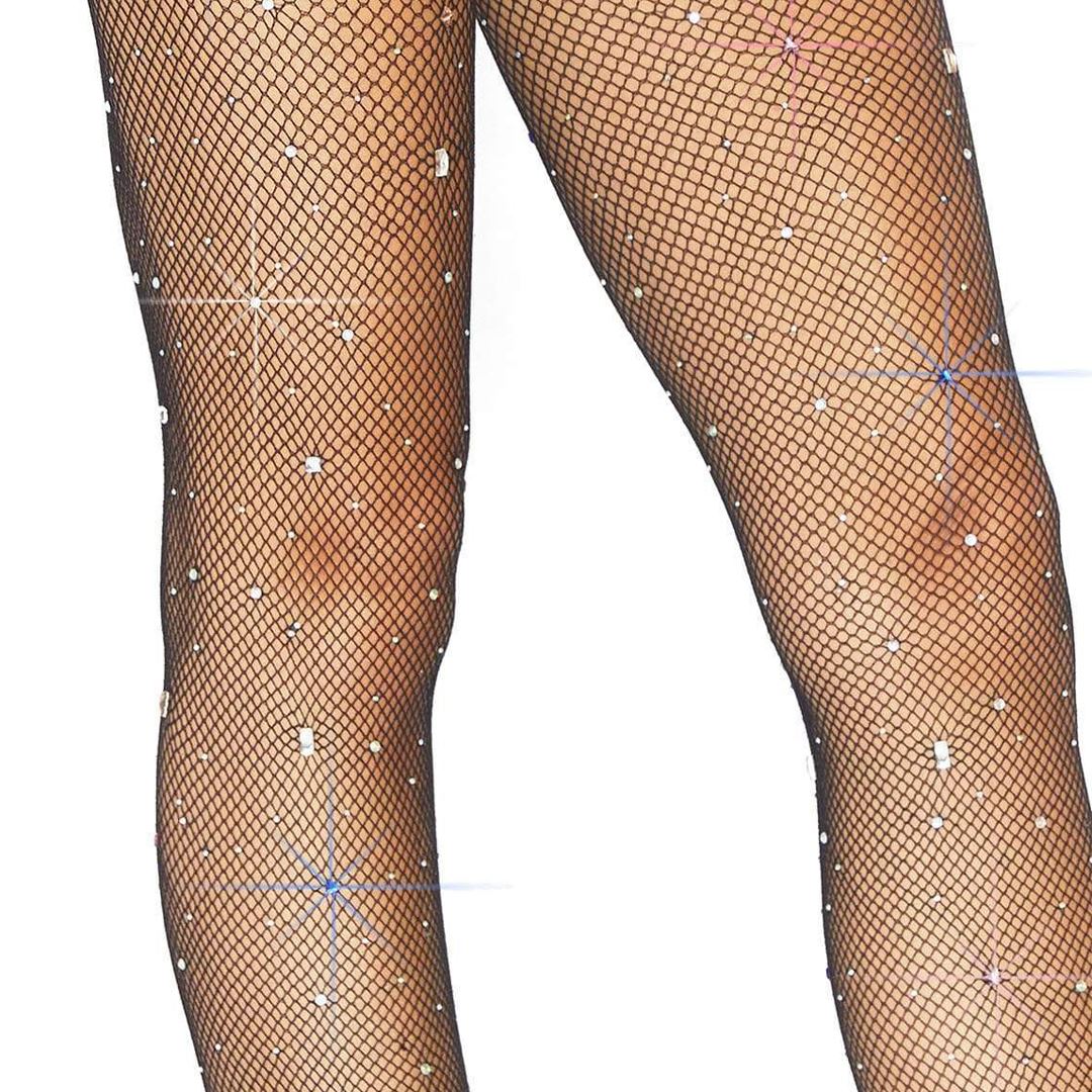 Multi-Rhinestone Black Mini Net Fishnet Stockings