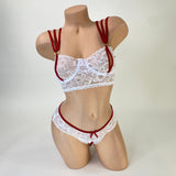 Peek-a-boo nurse outfit complete set worn styling view, front — Golddiggers Boutique exotic dancewear