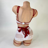 Naughty nurse costume peek-a-boo top detail with snap closure, close-up — Golddiggers Boutique exotic dancewear