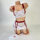 Crotchless nurse bottoms white with garter strap attachment, back view — Golddiggers Boutique exotic dancewear