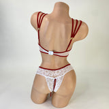 Garter strap dancer costume mini skirt white with attached straps, side view — Golddiggers Boutique exotic dancewear