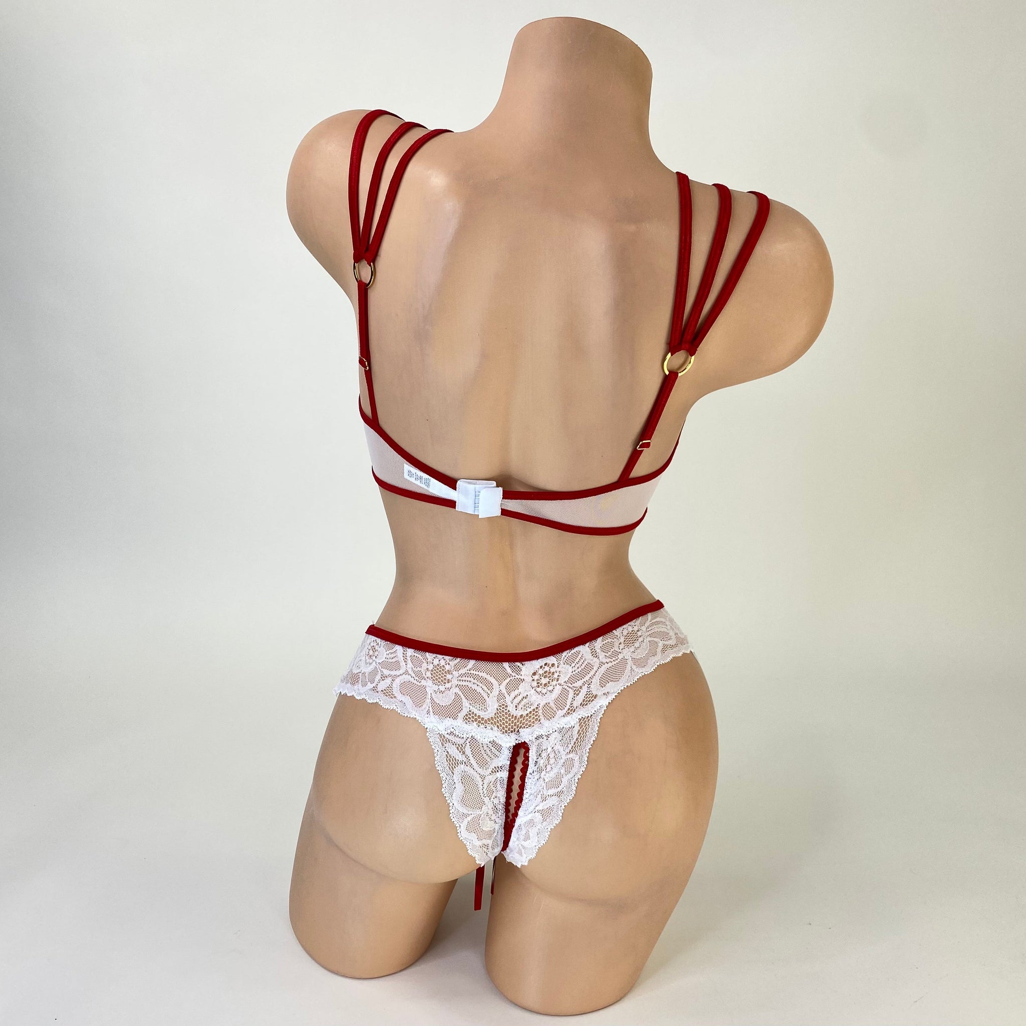 Garter strap dancer costume mini skirt white with attached straps, side view — Golddiggers Boutique exotic dancewear