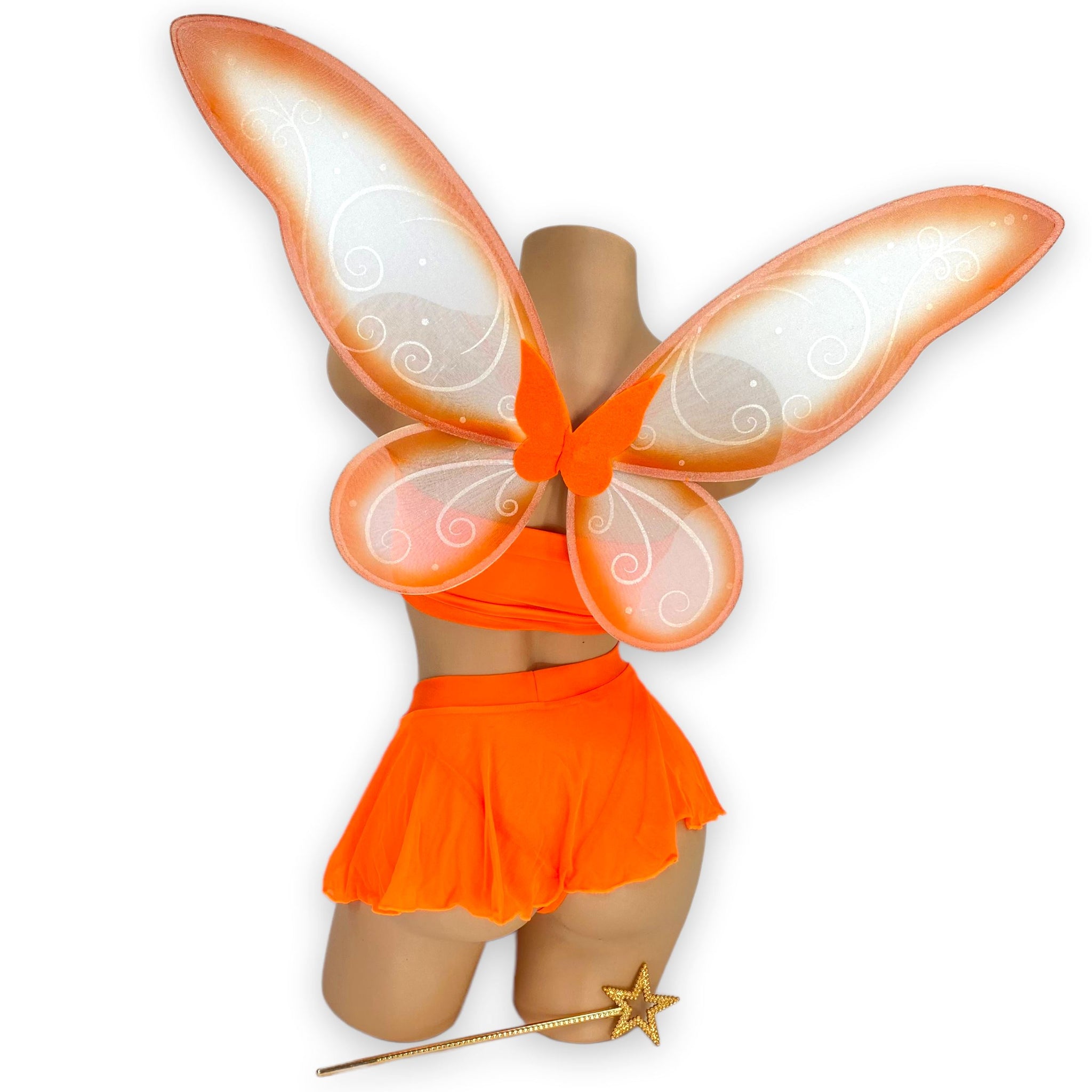 Neon Orange Fairy Sweetheart glitter wings and wand accessories, flat lay — Golddiggers Boutique exotic dancewear