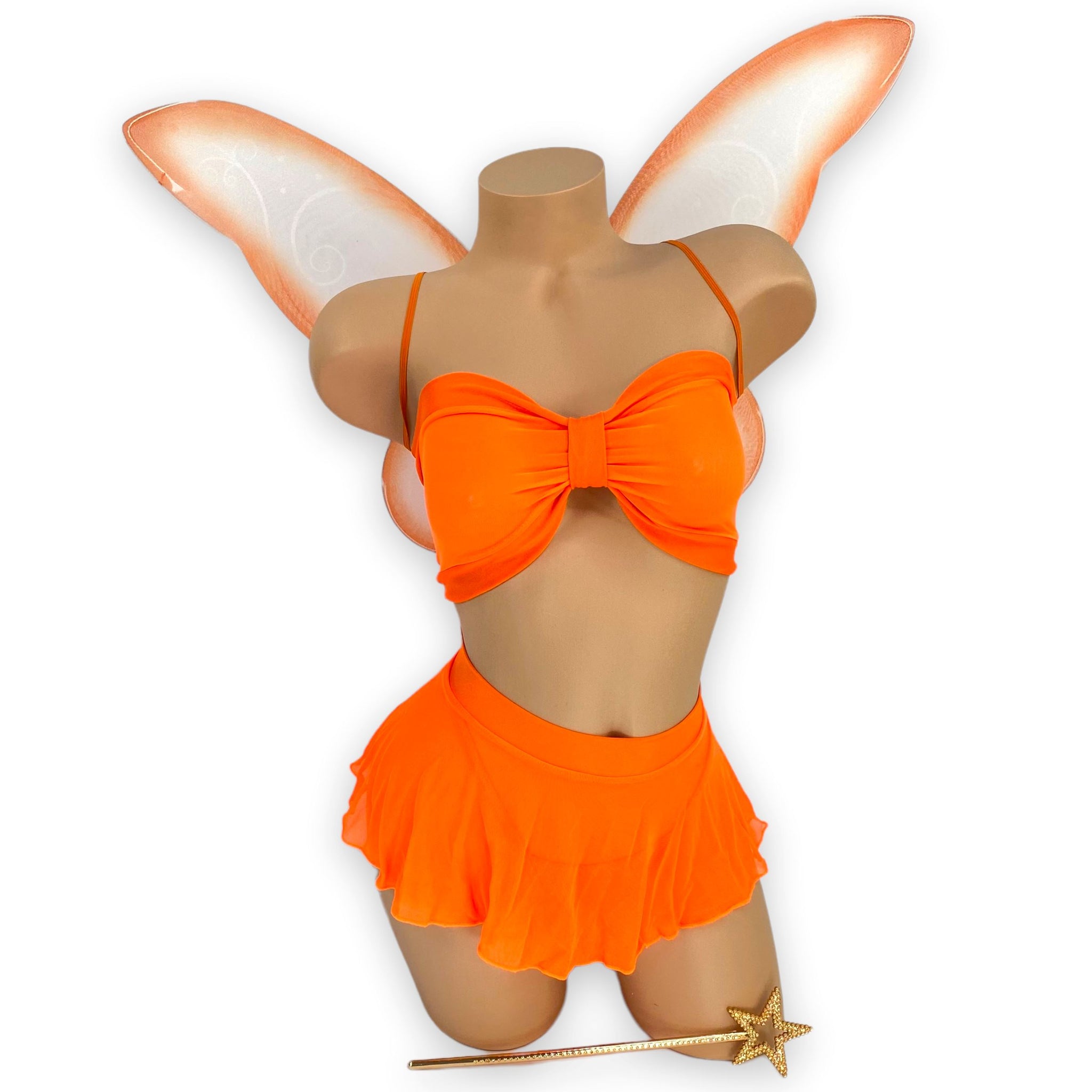 Neon Orange Fairy Sweetheart costume set with mesh skirt and bandeau top, front view — Golddiggers Boutique exotic dancewear