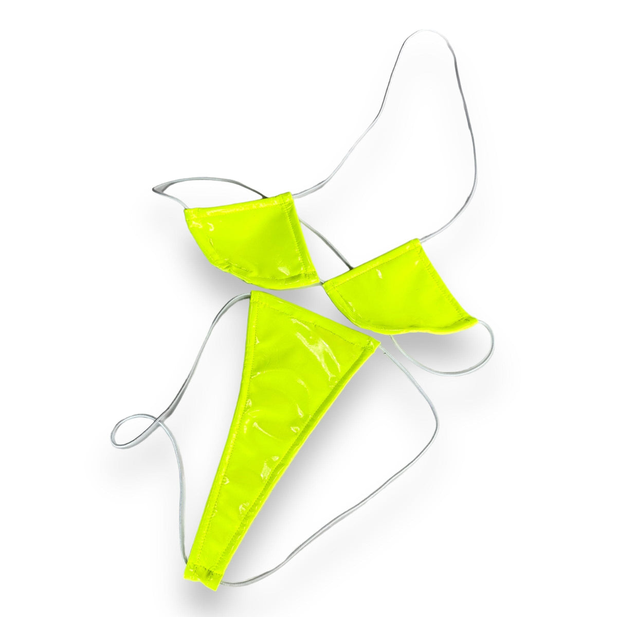 Neon Yellow Vinyl micro 'kini, flat lay of triangle top and g-string thong on white strings