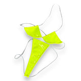 Neon Yellow Vinyl micro 'kini, flat lay of triangle top and g-string thong on white strings