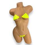 Neon Yellow Vinyl micro 'kini, front view on mannequin, Golddiggers Boutique
