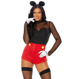 Fairytale mouse costume black and red romper with ears headband, front view — Golddiggers Boutique exotic dancewear