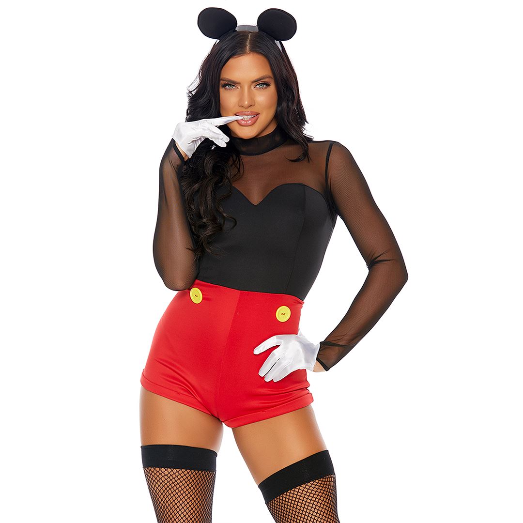 Fairytale mouse costume black and red romper with ears headband, front view — Golddiggers Boutique exotic dancewear