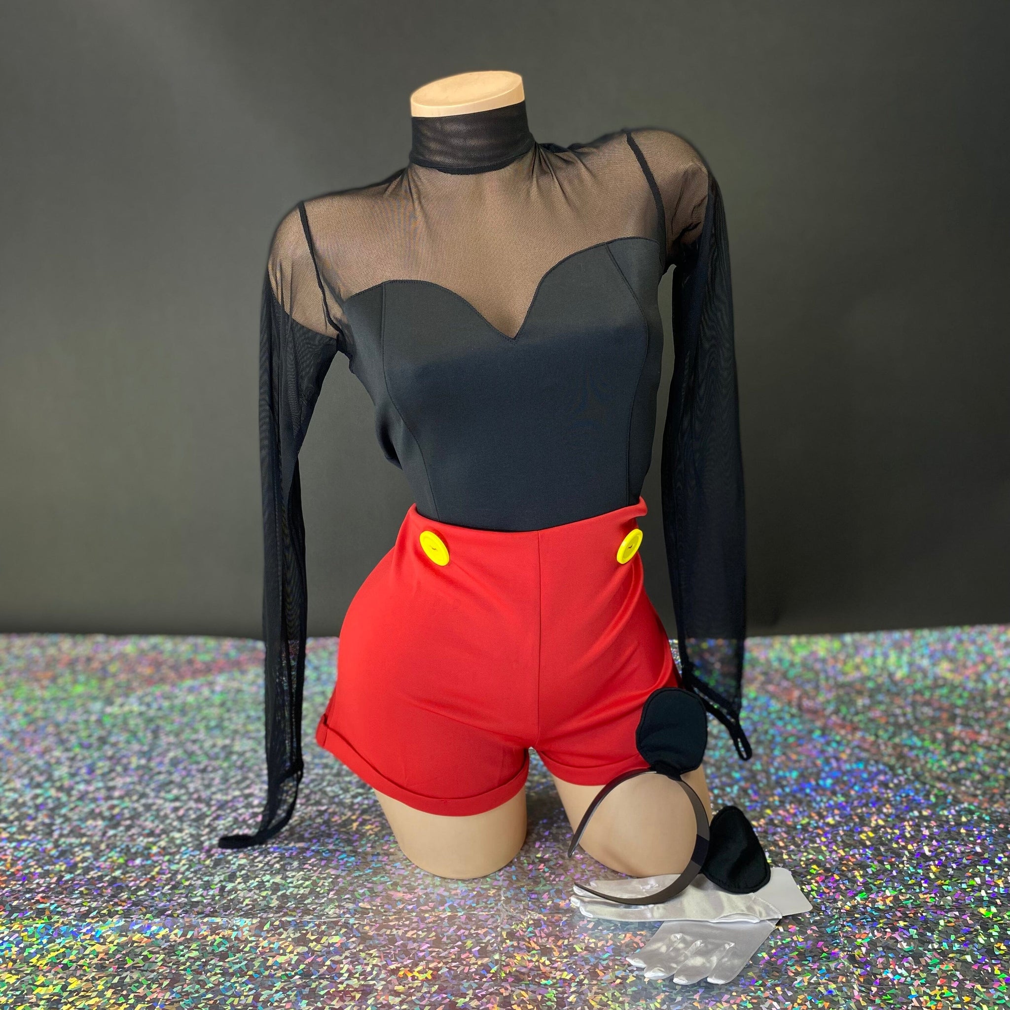 Black and red mouse ears costume romper side view — Golddiggers Boutique exotic dancewear