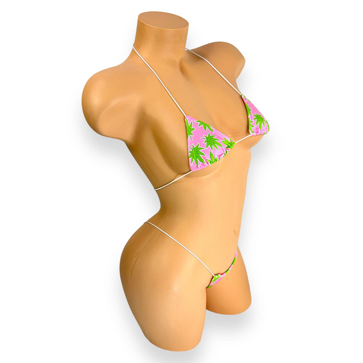 Green Leaf micro 'kini, side view on mannequin