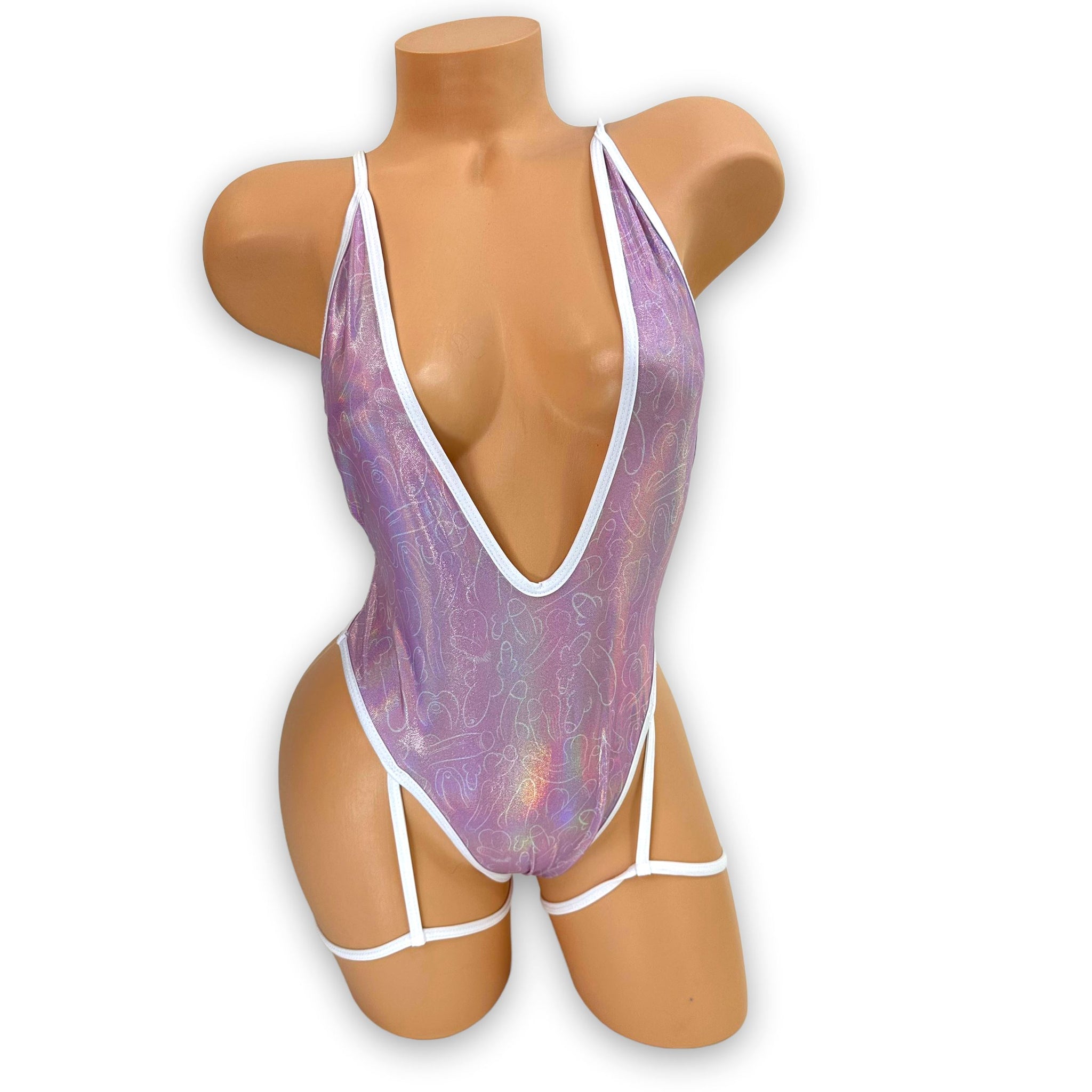 Pink Holo Dicks Jessi-Lynn V-Neck Garter Bodysuit