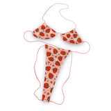 Strawberry micro 'kini, flat lay of triangle top and g-string thong on red strings, Golddiggers Boutique