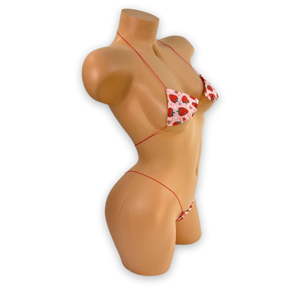 Strawberry micro 'kini, side view on mannequin