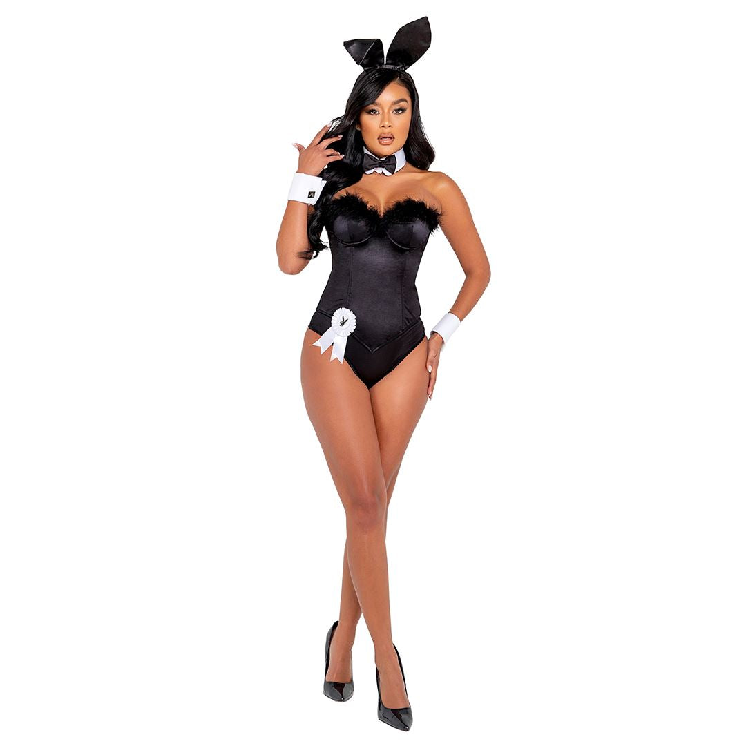Playboy Bunny black tuxedo style costume complete set with bustier and accessories, front view — Golddiggers Boutique exotic dancewear