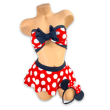 Polka dot mouse costume with bandeau top, mini skirt and ears, front view — Golddiggers Boutique exotic dancewear