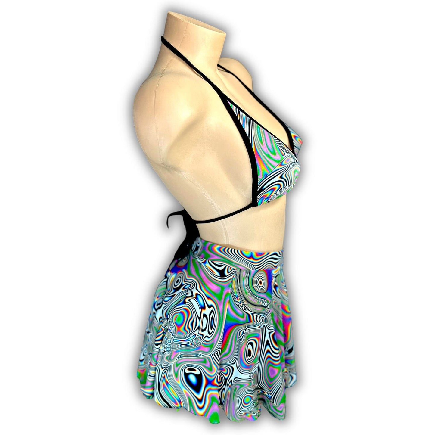 Kenya psychedelic three-piece set, model wearing full outfit — Golddiggers Boutique exotic dancewear