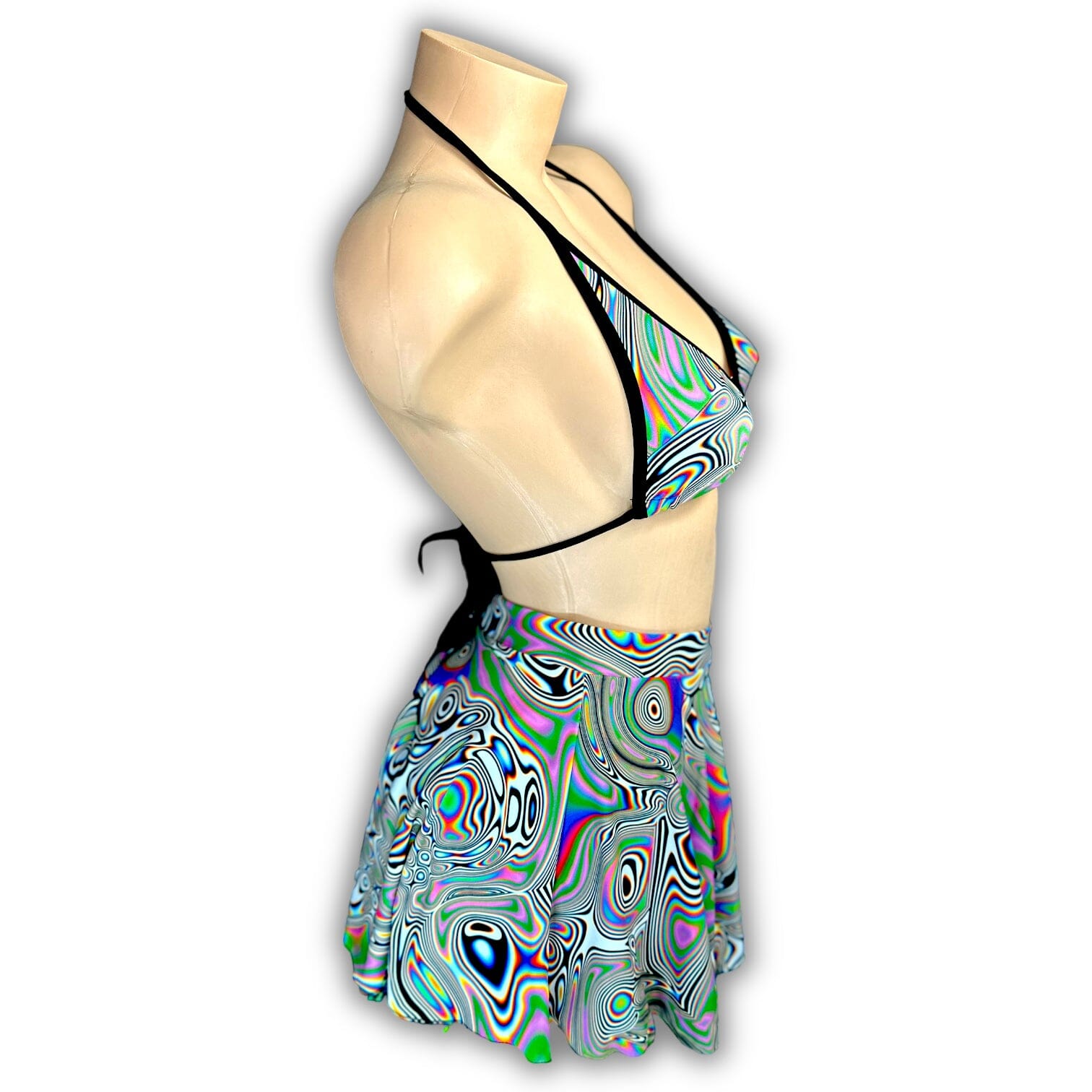 Kenya psychedelic three-piece set, model wearing full outfit — Golddiggers Boutique exotic dancewear