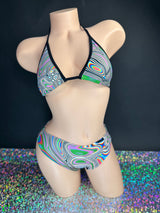 Kenya psychedelic print festival outfit, complete set flat lay — Golddiggers Boutique exotic dancewear