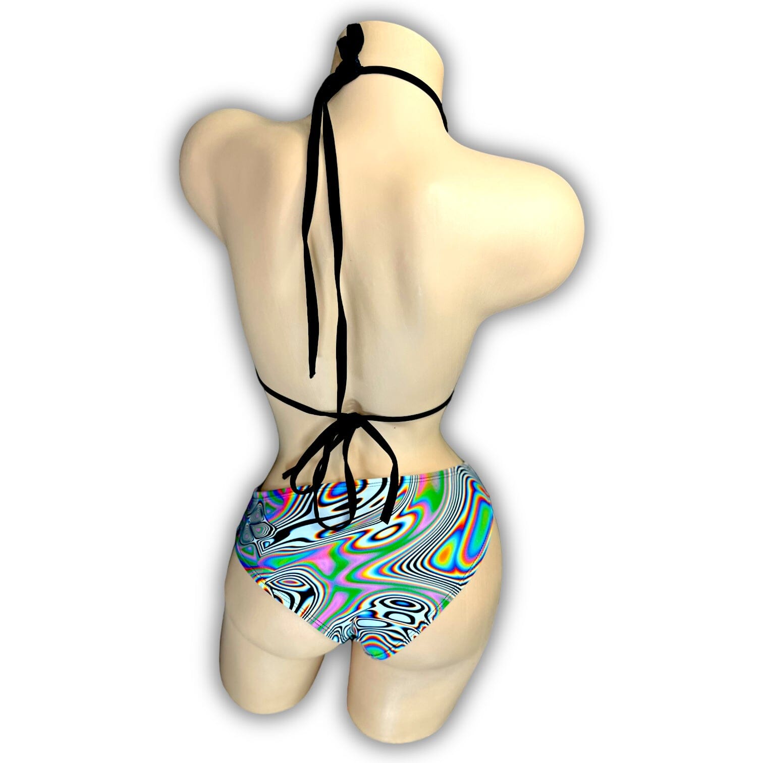 Kenya psychedelic skirt set triangle bikini top detail, close-up — Golddiggers Boutique exotic dancewear