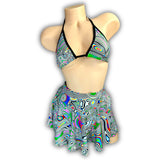 Kenya psychedelic skirt set with triangle top and shorts, front view — Golddiggers Boutique exotic dancewear