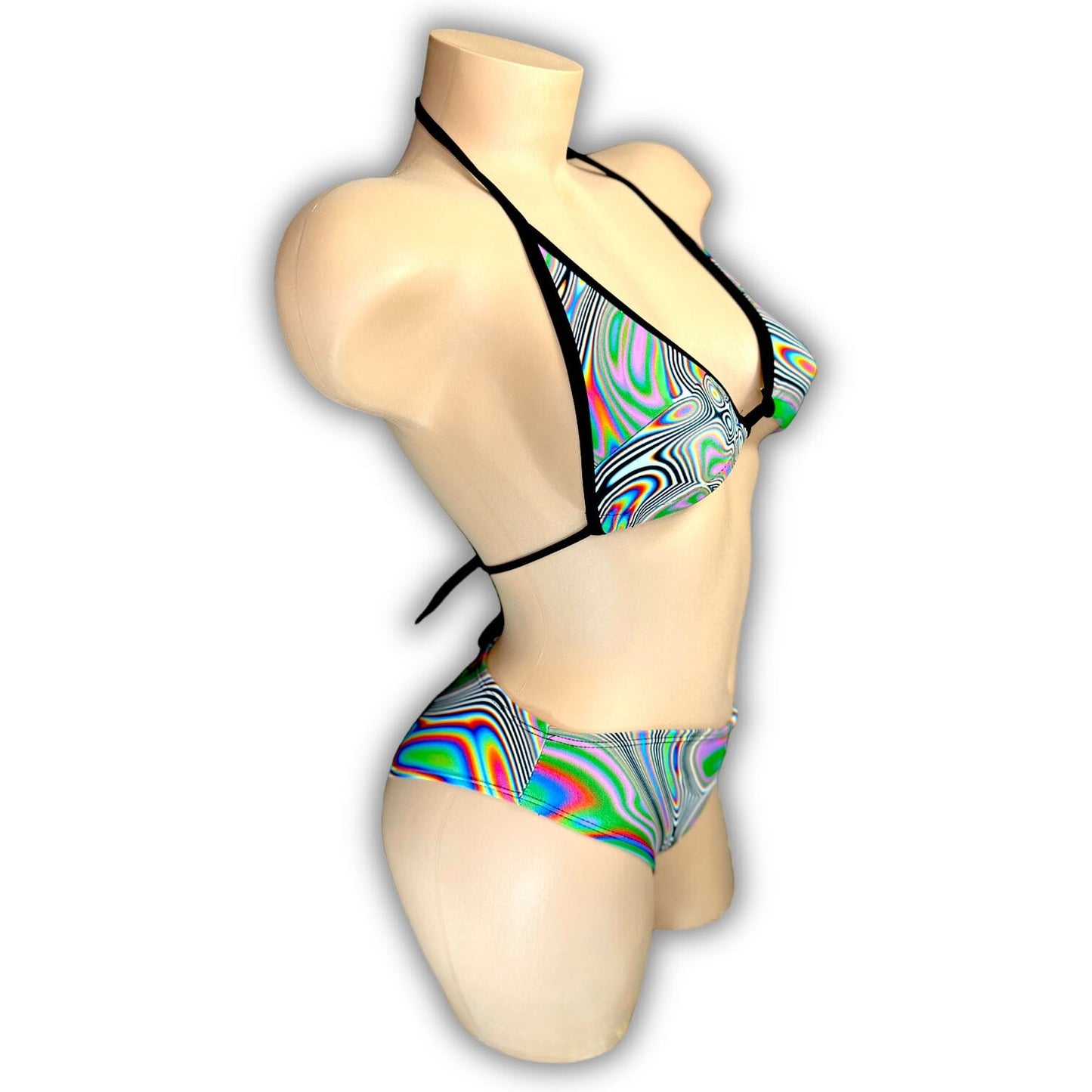 Kenya psychedelic skirt set triangle top tie closure detail — Golddiggers Boutique exotic dancewear