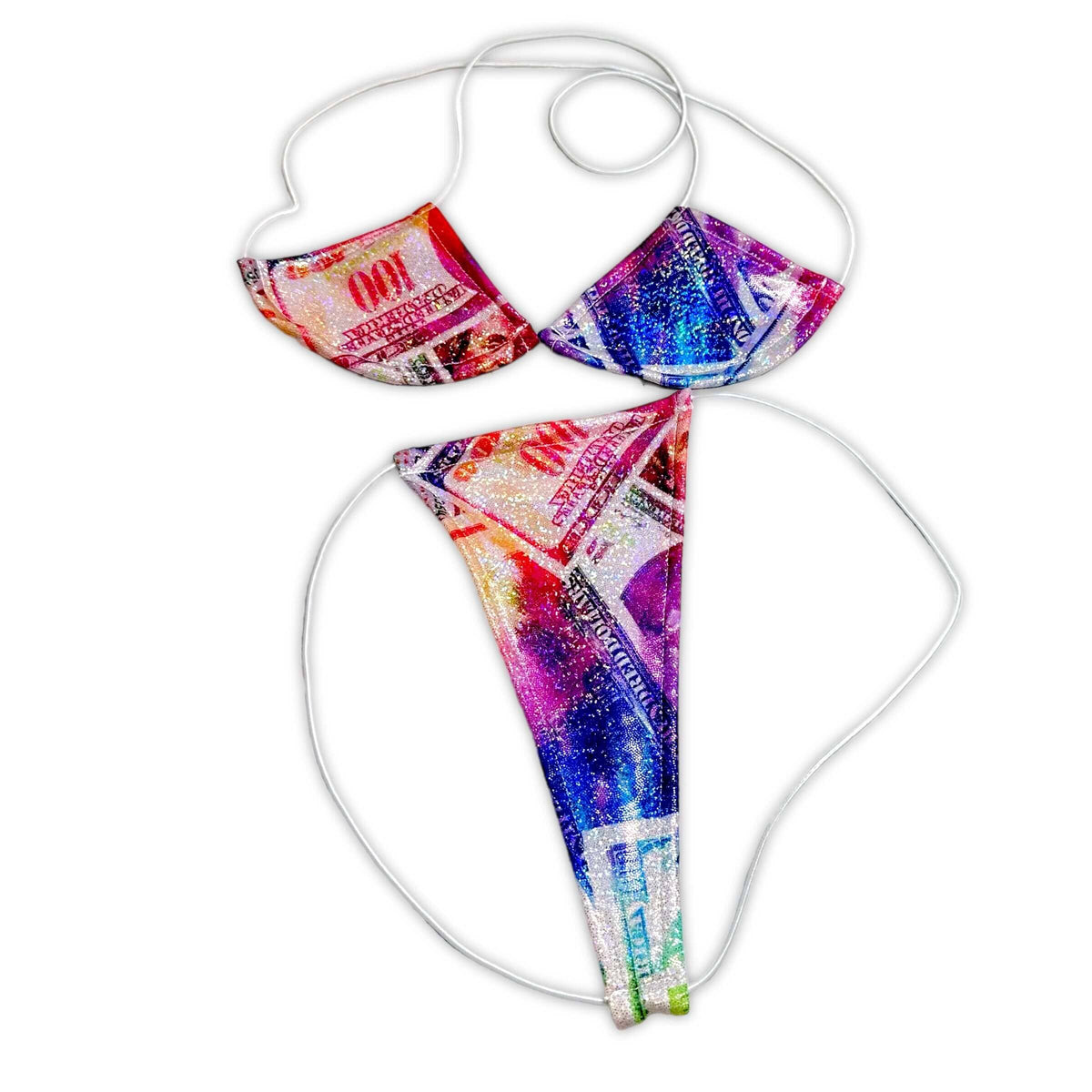 Rainbow Holo Money Print micro 'kini, flat lay of triangle top and g-string thong on white strings, Golddiggers Boutique