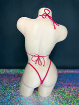 Red Katie 'kini, back view of ties and g-string on dark background - Golddiggers Boutique