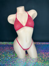 Red Katie rhinestone cabaret net 'kini, front view on dark background with holographic floor - Golddiggers Boutique
