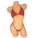 Red Katie rhinestone cabaret net triangle top and g-string, front view on white - Golddiggers Boutique