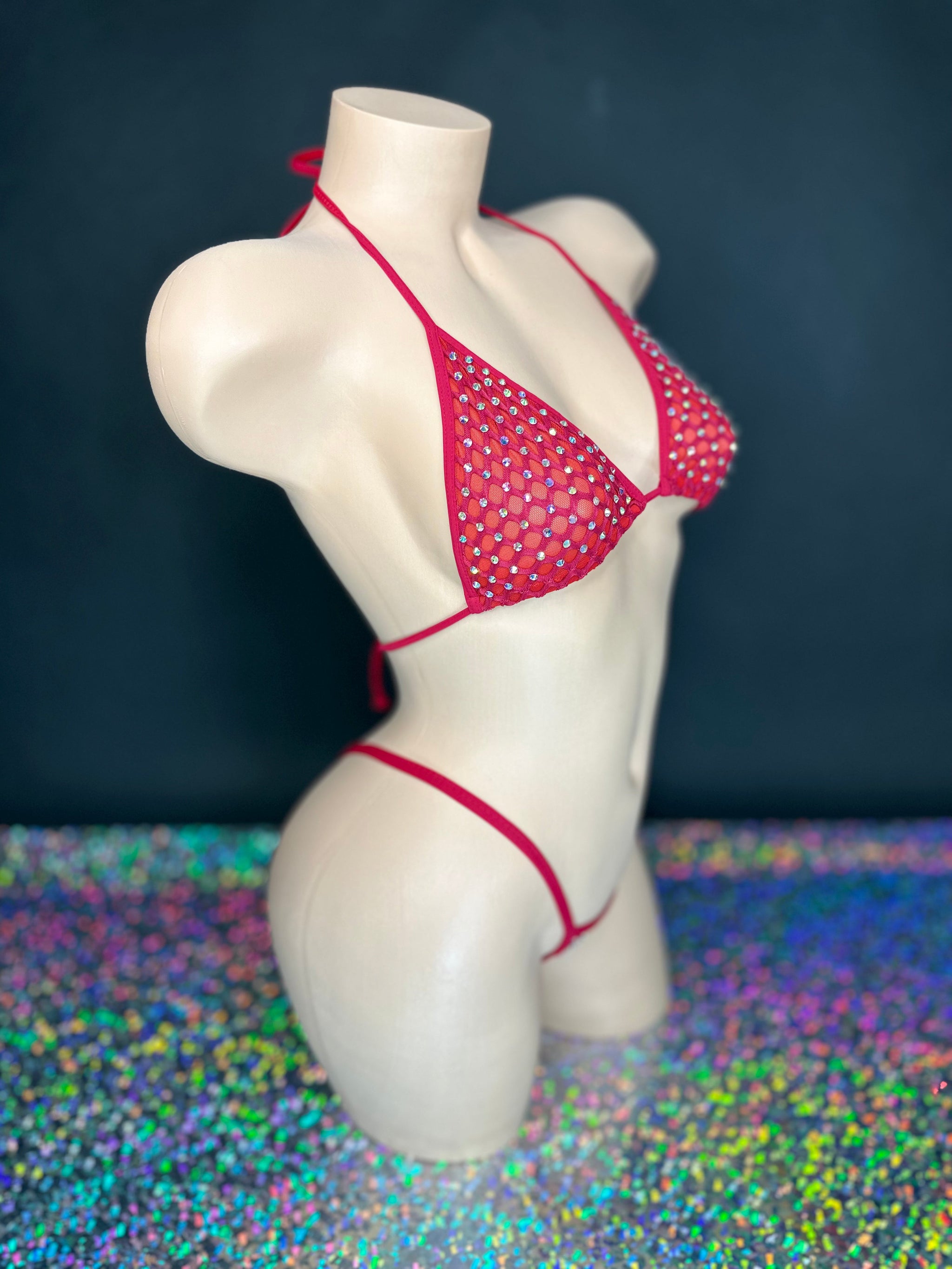 Red Katie rhinestone 'kini, side view on dark background - Golddiggers Boutique